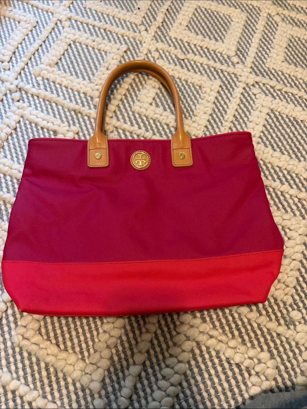 Tory Burch Two-Tone Pink and Red Nylon Tote with Tan Leather Handles